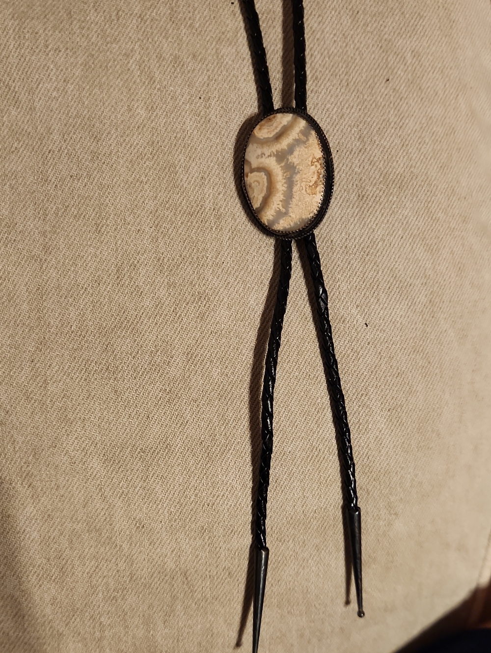 Handmade Black Bolo Tie with Cream Stone Accent